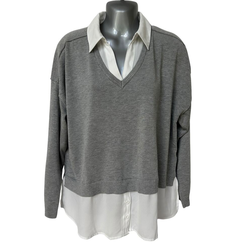 Adrianna Papell Sweater Gray White Twofer Top Pullover Women's Size Large